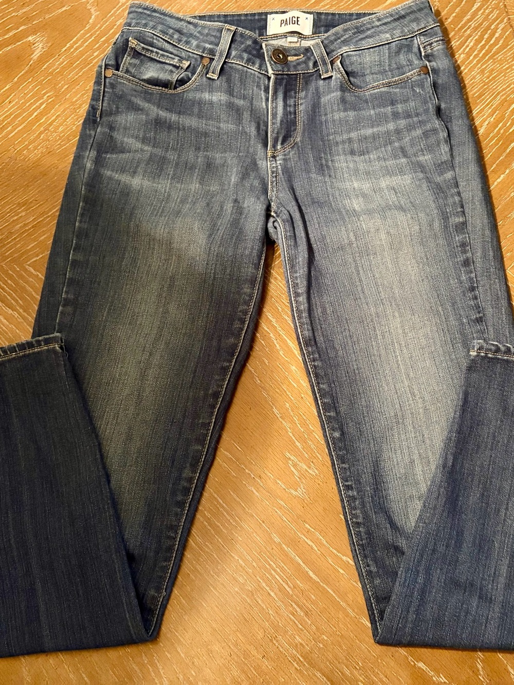PAIGE Dark Blue Denim Jeans with Tan Leather Patch